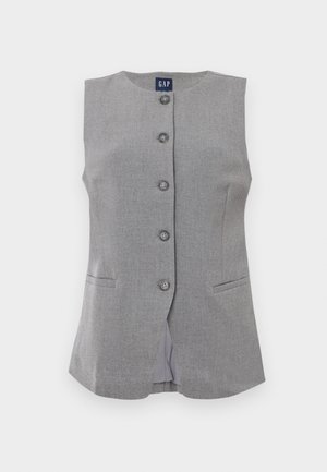 Ærmeløs grå vest med knapper og rund halsudskæring, to lommer foran med slids og GAP-mærke indeni kraven.