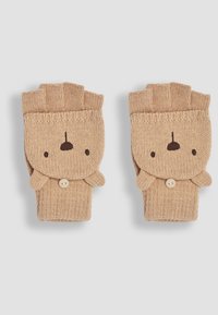 Guanti senza dita in beige con un design a faccia d'orso, caratterizzati da un bottone e piccole orecchie come elementi decorativi. Texture morbida con polsini a coste.