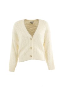 Cardigan color crema con scollo a V, caratterizzato da un motivo in maglia testurizzata, maniche lunghe e quattro grandi bottoni simili a perle.