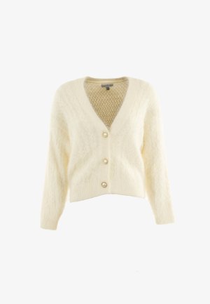 Cardigan color crema con scollo a V, caratterizzato da un motivo in maglia testurizzata, maniche lunghe e quattro grandi bottoni simili a perle.