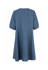 Denim jurk met een relaxte pasvorm, korte puffmouwen, een ronde hals en een flared silhouet. Zachte textuur en effen blauwe kleur.