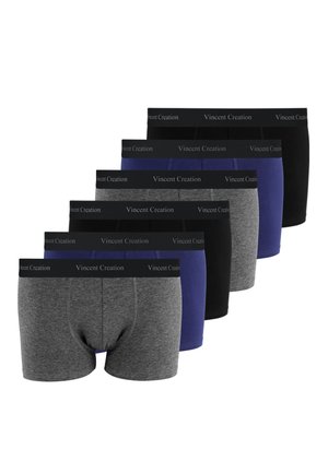 Sei boxer da uomo in grigio, blu e nero, ciascuno con un elastico nero con la scritta "Vincent Creation."