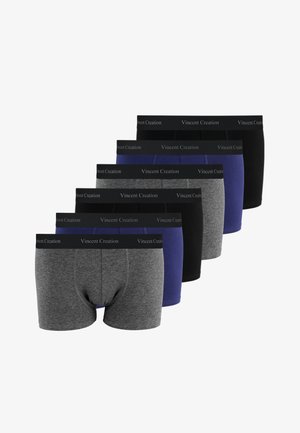 Sei boxer da uomo in grigio, blu e nero, ciascuno con un elastico nero con la scritta "Vincent Creation."