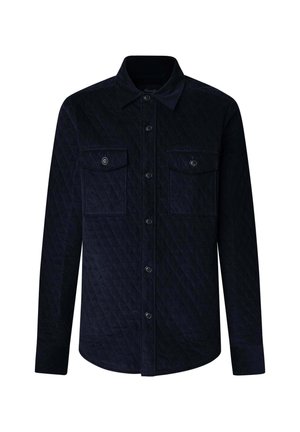 Marineblaues, gesteppte Hemd mit zwei Brusttaschen, Knopfleiste und Kragen. Hergestellt aus strukturiertem Stoff mit einem Rautenmuster. Lange Ärmel.