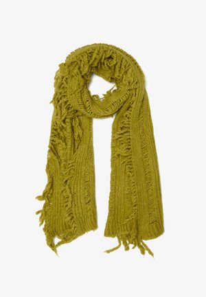 Fransenschal aus Strick in Olivgrün. Verfügt über ein strukturiertes Gewebe mit unregelmäßigen Mustern und losen Fäden an beiden Enden.
