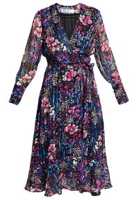 Vestido wrap floral en tejido negro transparente, con mangas largas, un escote en V profundo y vibrantes patrones florales en rosa, púrpura y azul.