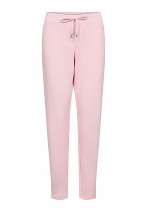 Roze joggerbroek gemaakt van zacht stof, met een tailleband met trekkoord en taps toelopende pijpen voor een comfortabele pasvorm. Geen zichtbare zakken.