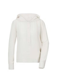 Lichte crèmekleurige sweatshirt met capuchon heeft een knoopsluiting, lange mouwen en een zachte textuur. Eenvoudig ontwerp zonder zichtbare patronen.