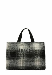 Sorte og hvide ternet tote taske med sorte tekstilhåndtag og præget "LIU•JO" logo på fronten. Blød tekstur med en struktureret form.