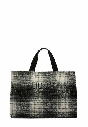 Sac fourre-tout en plaid noir et blanc avec des poignées en textile noir et un logo "LIU•JO" en relief à l'avant. Texture douce avec une forme structurée.