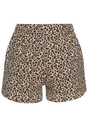 Pantalones cortos con estampado de leopardo en beige y marrón, fabricados con una tela suave. Cuentan con una cinturilla elástica y bolsillos laterales.
