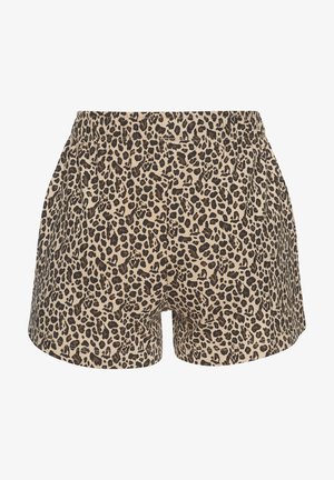 Šortsevi s leopardskim uzorkom u bež i smeđoj boji, napravljeni od mekog materijala. Imaju elastičnu navlaku i bočne džepove.