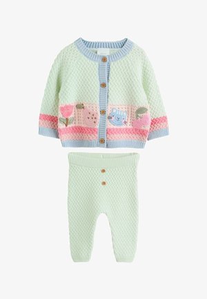 Mint green knitted cardigan with pink and cream accents, featuring embroidered flowers and animals. Matching mint green pants with wooden buttons.