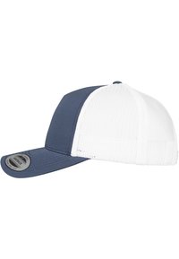 Marineblå og hvid snapback-cap med en solid frontpanel og mesh-bag for åndbarhed, med en buet skygge og justerbar snaplukning.