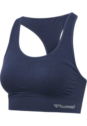 Marinblå sport-bh gjord av ett mjukt, stretchigt material med racerback-design, utrustad med ribbad underband och en diskret logotyp.