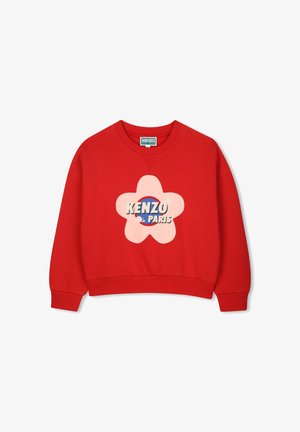 Rode katoenen sweatshirt met een cropped ontwerp, voorzien van een roze bloemenafbeelding en de tekst "KENZO PARIS" in het midden. Ribgebreide manchetten en onderrand.