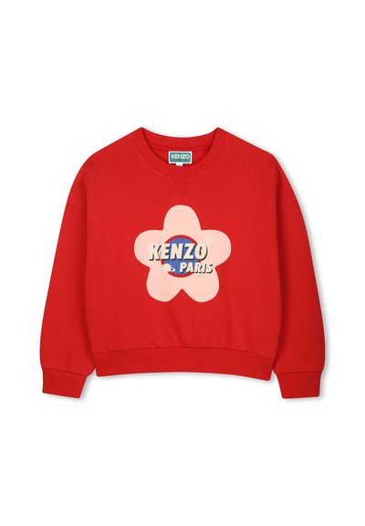 Felpa rossa in cotone con design cropped, caratterizzata da una grafica di un fiore rosa e testo "KENZO PARIS" al centro. Polsini e orlo a coste.