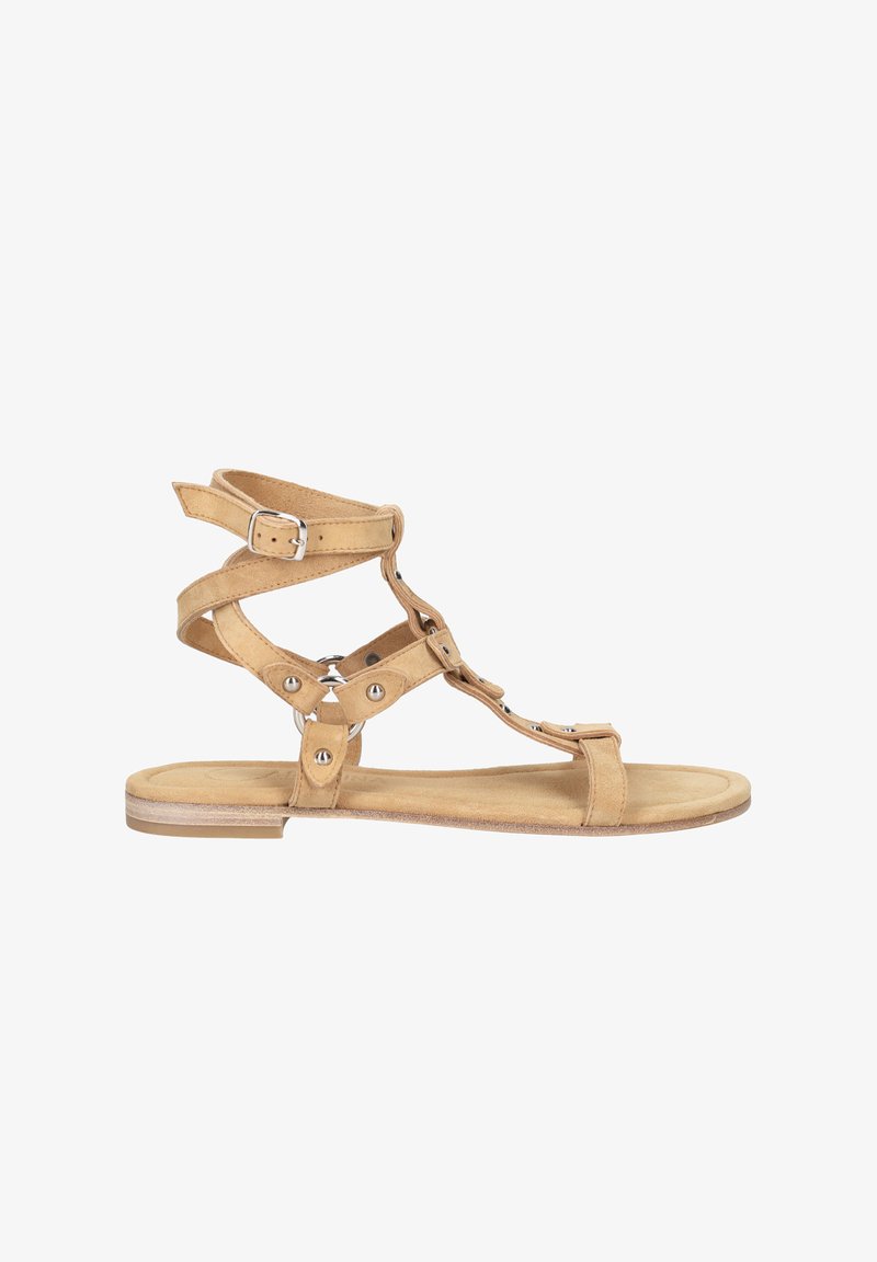Tan suede sandal with multiple crisscross straps, circular ring accents, and an adjustable ankle buckle. Flat sole with a minimalistic design.