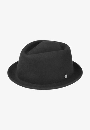 Black felt hat with a rounded crown and narrow brim, featuring a stitched edge and a small metallic logo on the side.