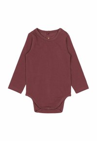 Långärmad baby bodysuit i vinröd, tillverkad av mjuk bomull. Har en rundad halsringning och tryckknappar på axel och nederdel.