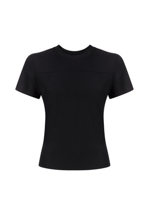 Black short-sleeve T-shirt with a round neck, made from smooth fabric; features seams across the front for subtle design detail.