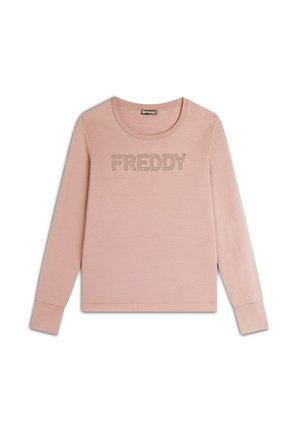 Sweatshirt rose à manches longues en tissu doux, avec un col rond et le mot "FREDDY" en relief sur le devant.