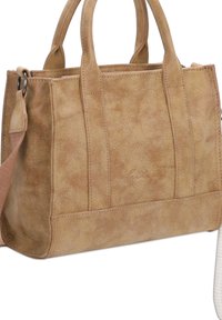 Bolso de mano de imitación cuero en color marrón claro con asas dobles en la parte superior y una correa de hombro desmontable. Presenta detalles cosidos y una superficie texturizada.