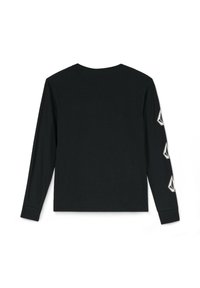 Zwarte langarmshirt van zachte katoen met een ronde halslijn. Beschikt over witte geometrische prints op beide mouwen. Eenvoudig, getailleerd ontwerp.