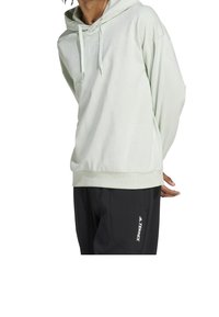 Hellgrüner Hoodie mit lockerer Passform, ausgestattet mit einer Kapuze und einer Kängurutasche, kombiniert mit schwarzen Hosen. Der Hoodie hat dezente Logodetails.