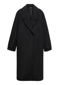 Cappotto nero in lana con design a doppio petto, grandi revers, due tasche frontali e polsini con bottoni. Texture liscia e taglio fino al ginocchio.
