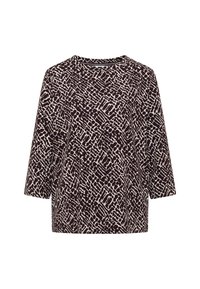 Tryckt långärmad topp med ett geometriskt mönster i mörkbrun och krämfärg, rund halsringning och lös passform. Mjuk textur.