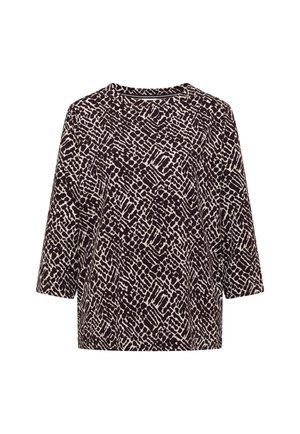 Tryckt långärmad topp med ett geometriskt mönster i mörkbrun och krämfärg, rund halsringning och lös passform. Mjuk textur.