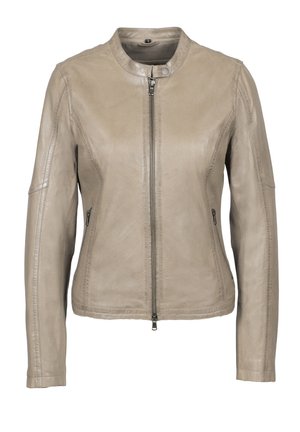 Hellbeige Lederjacke mit Reißverschluss vorne, Stehkragen mit Druckknopf, langen Ärmeln und seitlichen Reißverschlusstaschen.