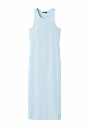 Abito midi azzurro chiaro senza maniche con scollo rotondo e silhouette aderente, mostrato steso su sfondo bianco.