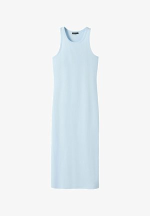 Abito midi azzurro chiaro senza maniche con scollo rotondo e silhouette aderente, mostrato steso su sfondo bianco.