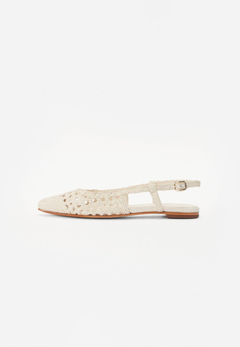 Ballerines à bride arrière tissées, couleur beige clair, avec un bout pointu, des côtés ouverts et un petit accent de boucle sur la sangle de la cheville. Texture naturelle.
