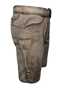 Lederhosen in hellbraun mit besticktem Blumendesign, ausgestattet mit einer Seitentasche, dekorativen Knöpfen und einem Gürtelschlaufen.