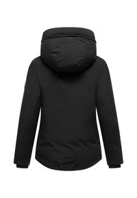 Black insulated jacket with a hood, featuring a smooth texture, tapered silhouette, and button accents on the sides.