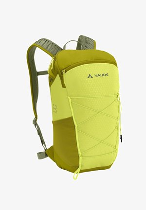 Sac à dos de randonnée vert clair et olive avec bretelles en mesh, cordons élastiques à l'avant, poches latérales, et logo VAUDE sur le panneau avant.