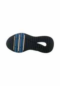 Sole di scarpa in gomma con una base nera, accenti blu e tre strisce dorate. Presenta un motivo di grip testurizzato e un design con ritagli.