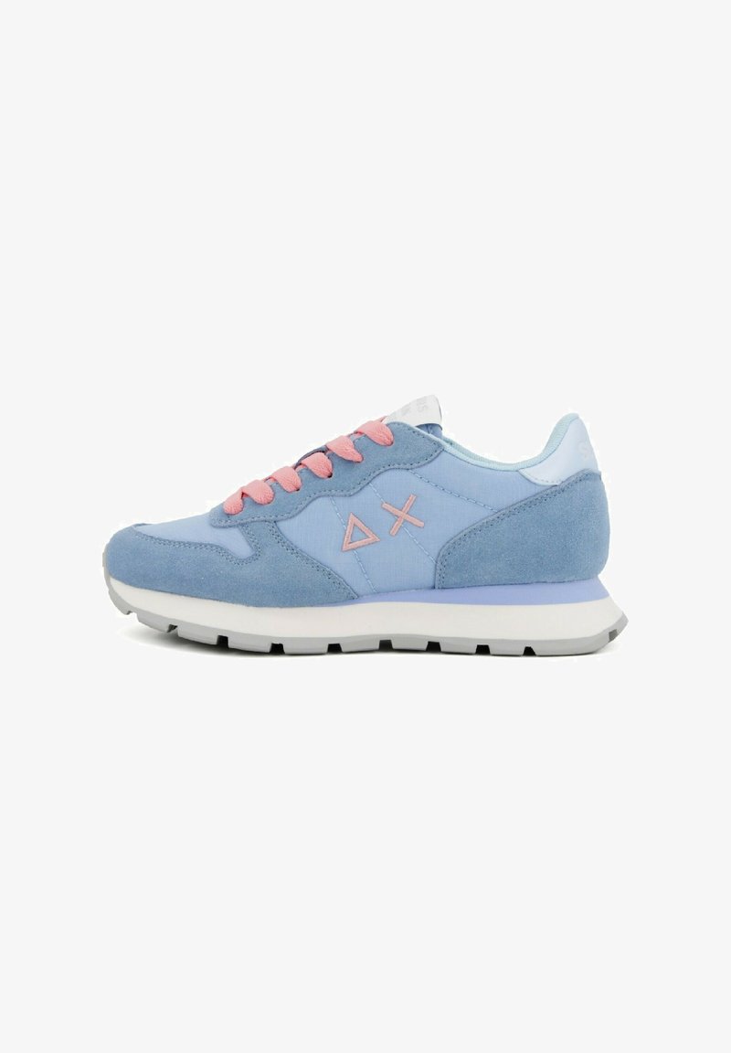 Light blue sneakers with pink laces, suede and textile material, triangular logo detail, cushioned sole, and white outsole.