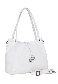 Witte leren tote bag met dubbele schouderbanden, trekkoordsluiting en zwarte metalen accenten. Inclusief een afneembare strap voor veelzijdigheid.