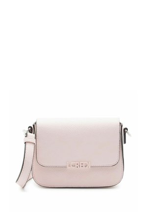 Sac bandoulière en cuir rose clair avec fermeture à rabat, sangle ajustable et logo métallique "L.Credi" au centre avant.
