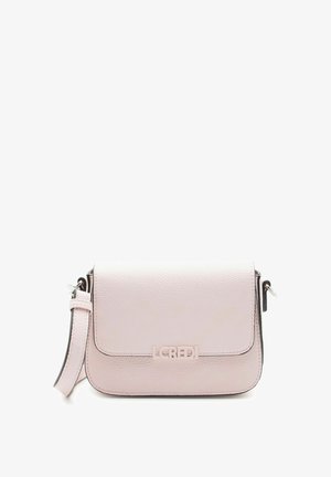 Lichtroze leren crossbodytas met klepsluiting, verstelbare riem en metalen logo "L.Credi" op de voorkant in het midden.