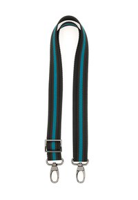 Cinghia in tessuto nero regolabile con strisce blu, dotata di due moschettoni in metallo argento a ciascun estremo per il fissaggio.