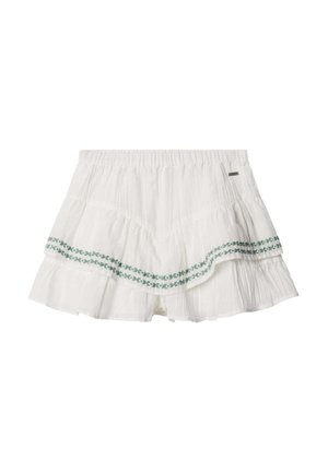 Falda blanca con capas, cintura elástica y bordado floral verde a lo largo del borde inferior.