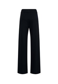 Zwarte hoge taille wijde broek met een soepele tailleband, gepresenteerd tegen een witte achtergrond.