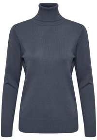 Pull à col roulé bleu marine en tissu côtelé, avec manches longues et coupe ajustée, offrant une texture lisse et une légère élasticité.