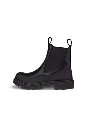 Bottes Chelsea en caoutchouc noir avec des panneaux élastiques sur les côtés, une semelle texturée et des tirants pour un enfilage facile. Fini lisse avec un design robuste.