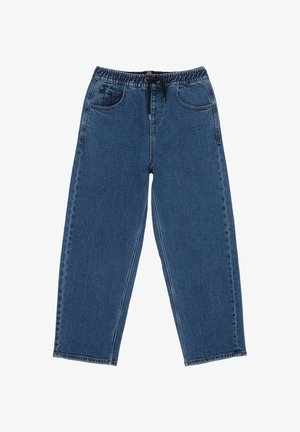 Pantaloni di denim blu con vita elastica regolabile con coulisse e tasche frontali, vestibilità a gamba dritta, progettati per un uso casual.